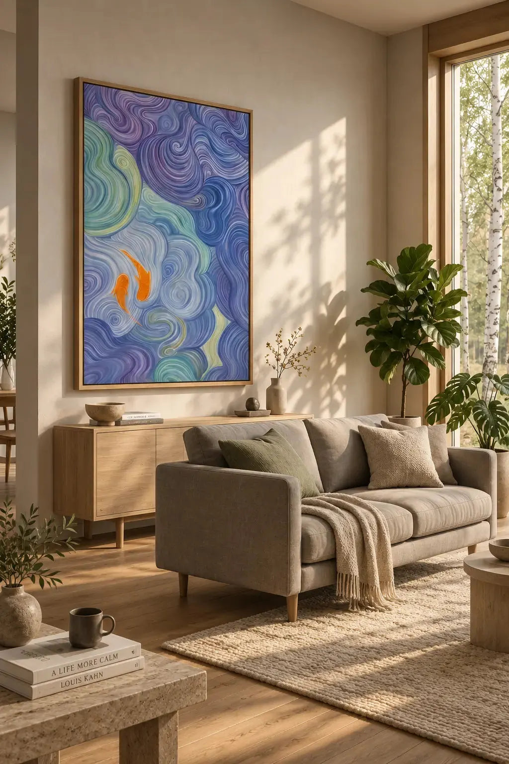 Koi artwork in a sunlit Nordic living room